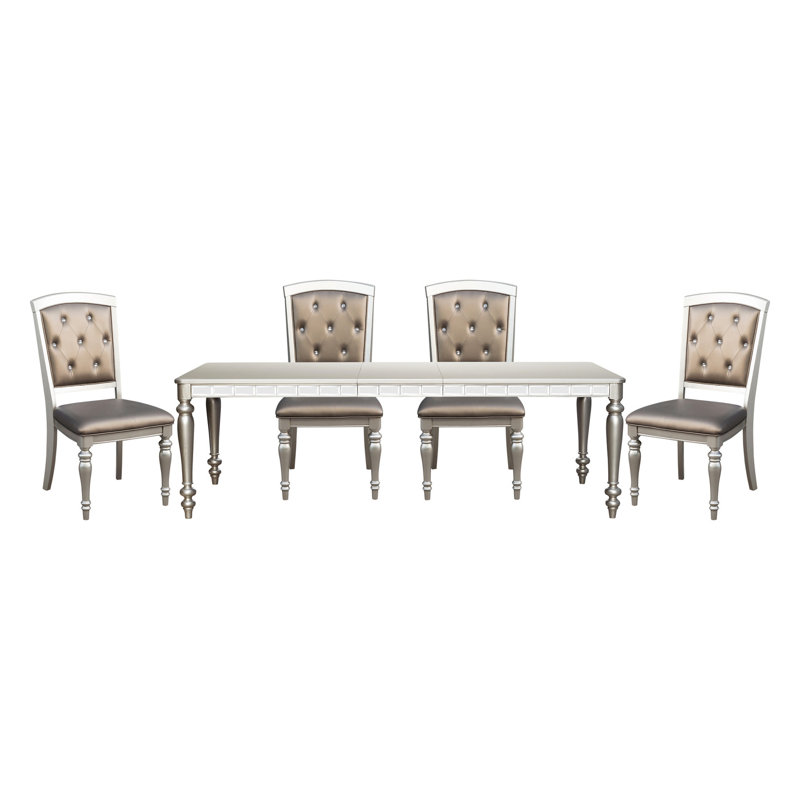 Table de salle à manger glamour 5 pièces en argent: rectangulaire avec 4 superbes chaises d'appoint en similicuir