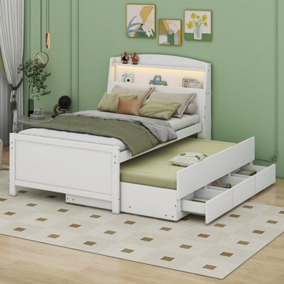 Full Size Platform Bed With Storage LED Headboard, Twin Size Trundle And 3 Drawers
