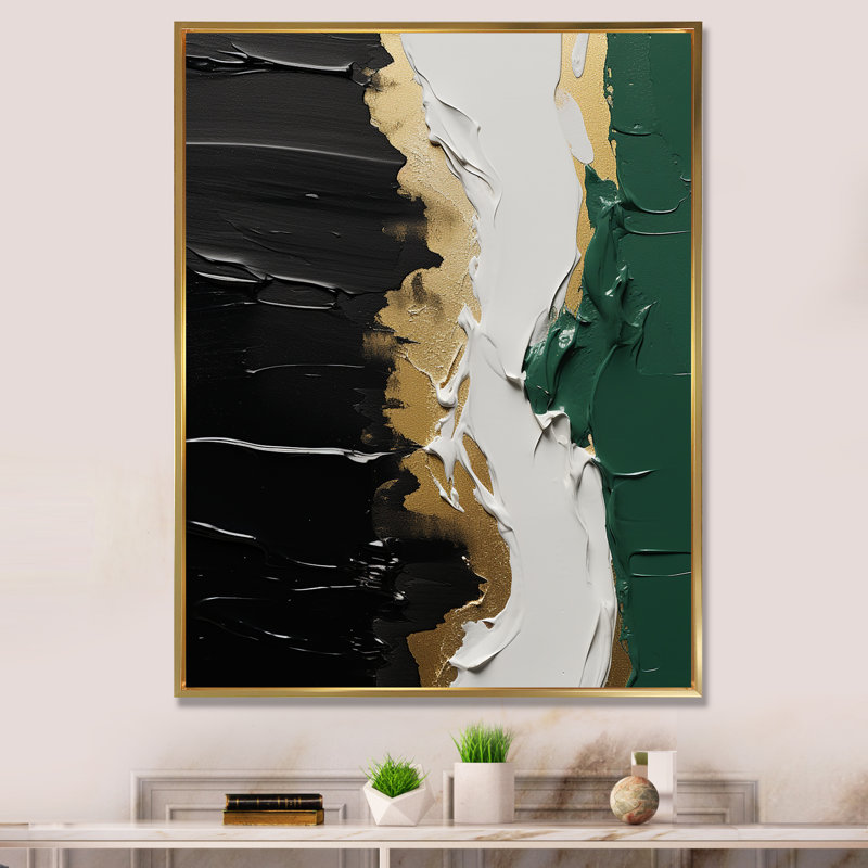 Encre dorée verte et noire fusionnant IV - Art abstrait encadré, Cadre flottant doré, H 44 po x l 34 po x P 1,5 po