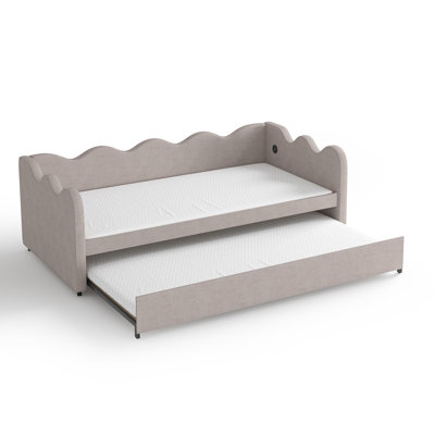 2 in 1 Convertible Sofa Bed, Plaid Fabric Couch Bed with USB Port, Triple Reinforced Frame, Solid Wood Slats, Noise-Free & Anti-Sagging, Space Saving Furniture for Small Space, Kids Room, Guest Room