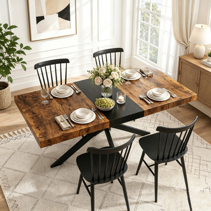 Table de salle à manger rectangulaire rétro avec plateau central en relief noir, Noir et brun