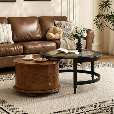 33.1" Nesting Coffee Table Set With Lift Top Water Ripple Glass Walnut Vintage Style
