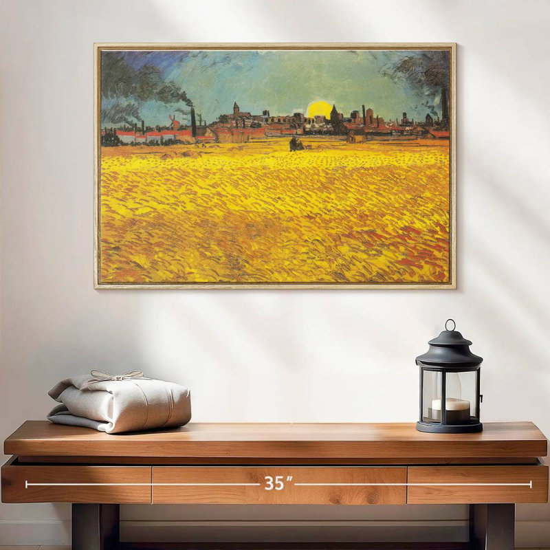 Champ de blé au coucher du soleil, 25 po x 17 po, Cadre flottant en bois naturel