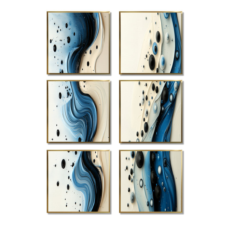 «Drip Paint» Aqua - rythmique éclaboussures de sérénité - ensemble de 6 décorations murales abstraites, Doré