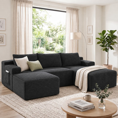 Boneless 96" Compression Cloud Modular Sectional Sofa & 1 Ottoman, Contemporary Plush Fabric Couch, Relaxing U-Shaped Seating for Living Room, Deep Seat Corner Sofa, No Assembly Required