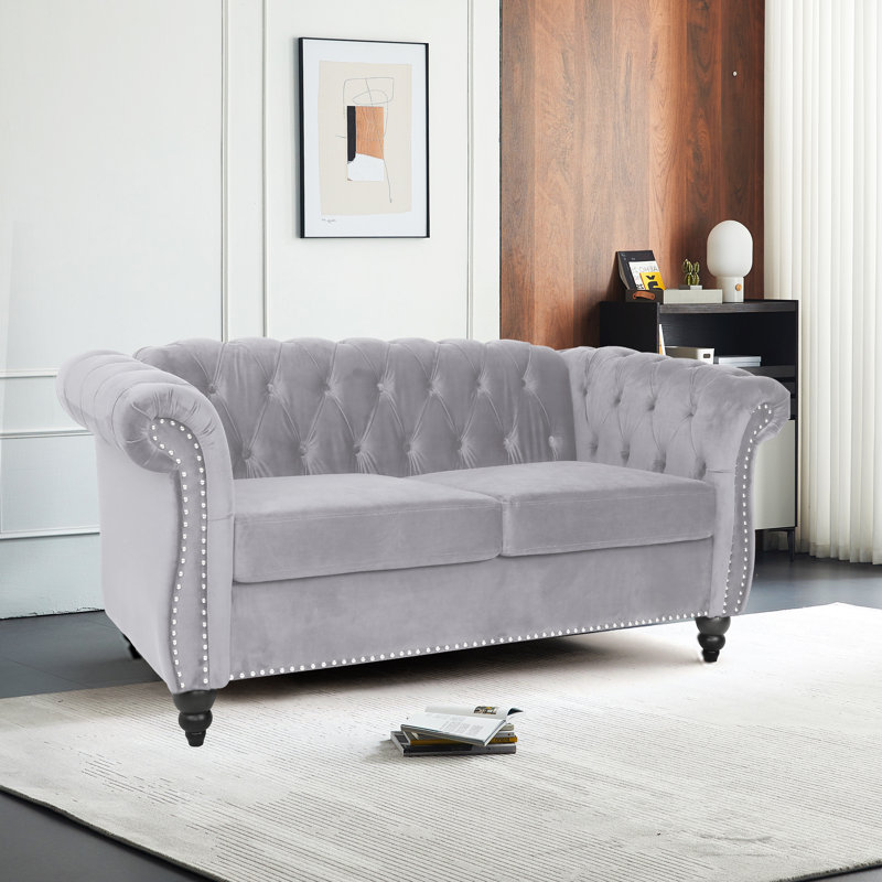 Johnette 62'' Velvet Rolled Arms Chesterfield Sofa, Gray Velvet