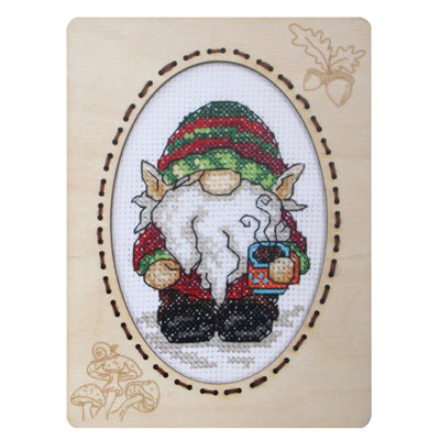 Kit de broderie au point de croix « Gnomes et boissons chaudes » avec cadre en contreplaqué par Orchidea 6658