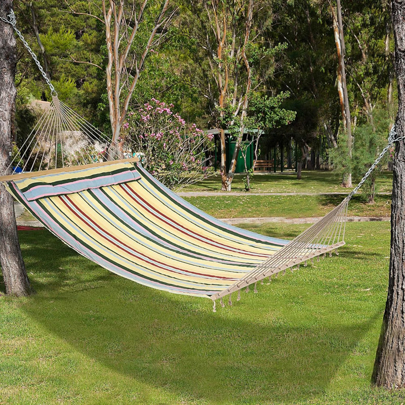 Lit de camp double 83 po à large hamac avec coussin et rayures rouges, Vert / bleu / rouge / jaune