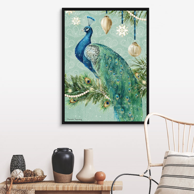 «Holiday Peacock Holiday Peacock» par Danielle Murray - peinture à cadre flottant sur toile, Cadre noir
