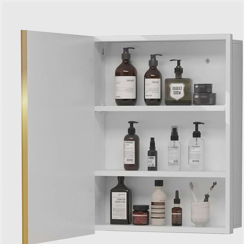 16x28 inches Golden Metal Framed White Cabinet Wall mount or Recessed Bathroom Medicine Cabinet with Mirror, Gold/White