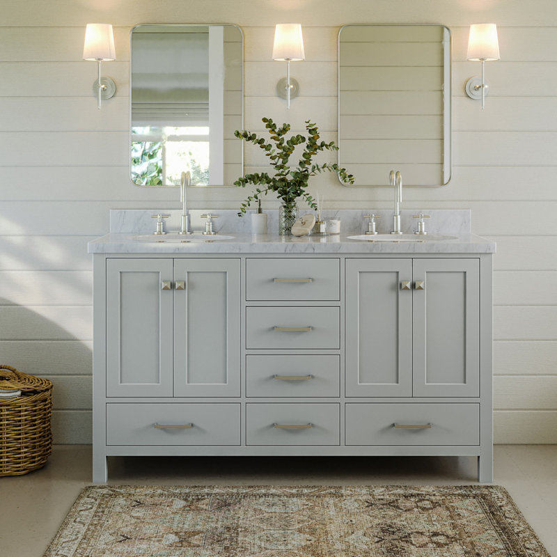 Ensemble de meuble-lavabo double 61 po Cambridge, Gris / Nickel brossé, Ovale