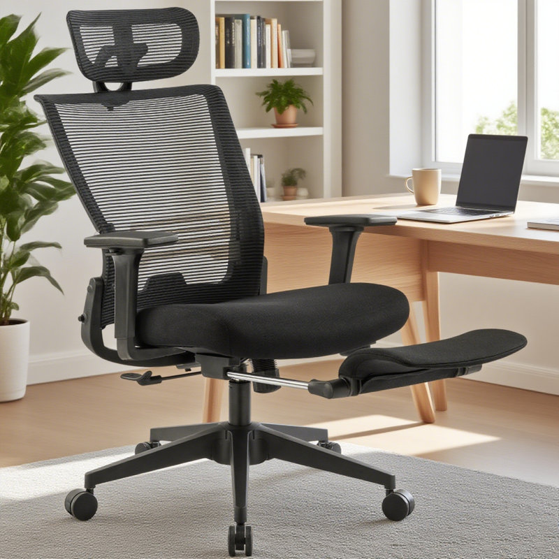 Foldable Office Chair with Foot Rest, Ergonomic Mesh Office Chair with Adjustable Lumbar Support, Headrest, Armrest, Home Office Desk Chairs for Space Saving