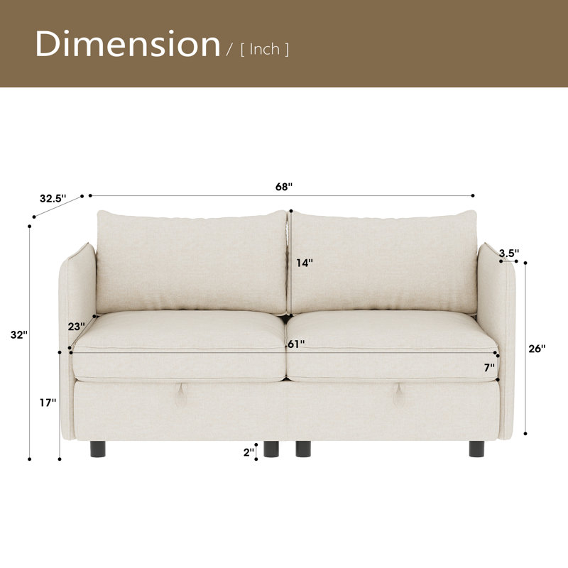 Causeuse-causeuse, causeuse 2 places, canapé-lit moderne Mid-Century avec rangement pour petits espaces, Beige