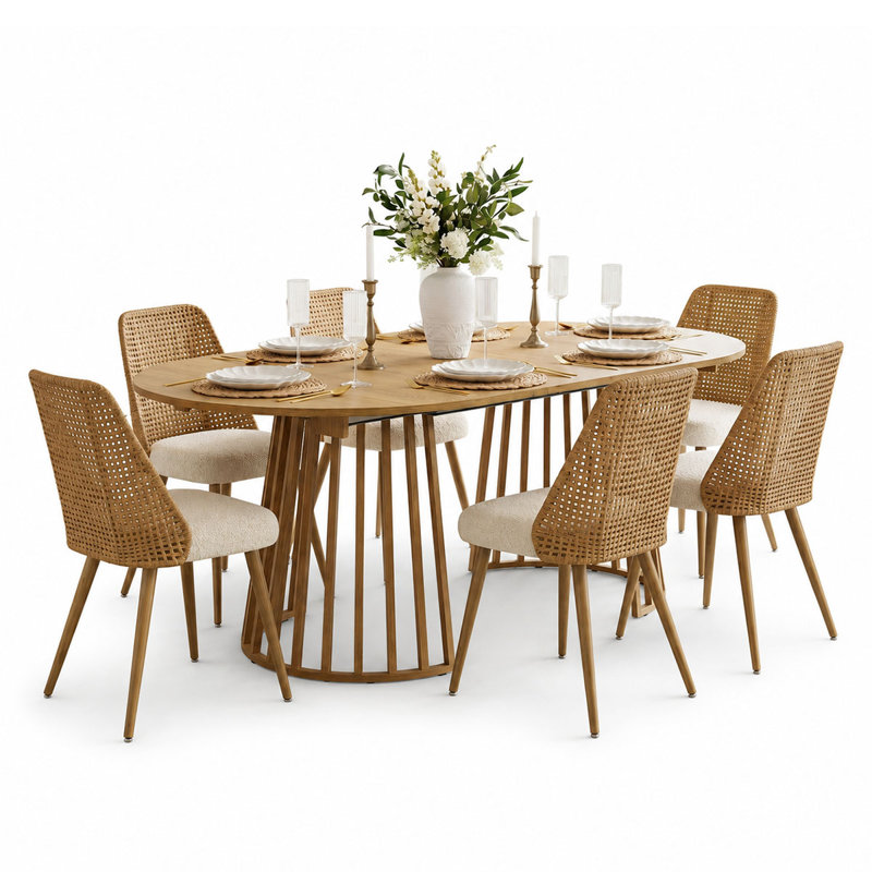6 - Person Dining Table Sets With Extendabe Oval Table & 6 Upholstered Fabric Dining Chairs, 7 Pieces: Table, 6 Chairs