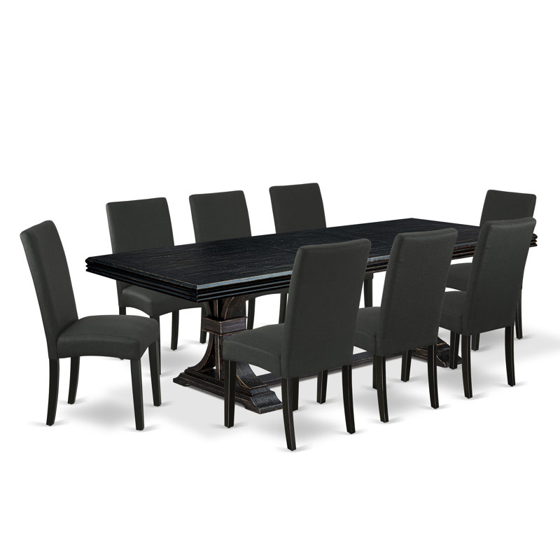 Cet ensemble de cuisine 9 pièces comprend une table de salle à manger et 8 chaises de cuisine en tissu de lin noir avec dossier rembourré au fini noir sablé.