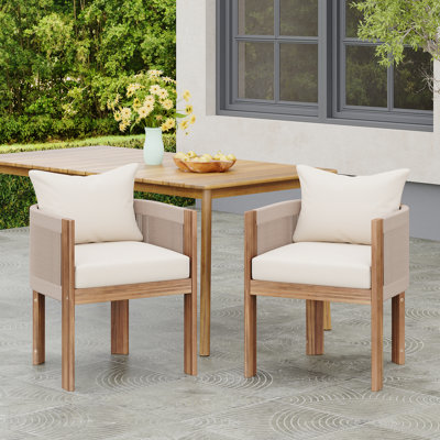 Chaise de salle à manger d'extérieur en bois, corde beige avec coussin beige, ensemble de 2