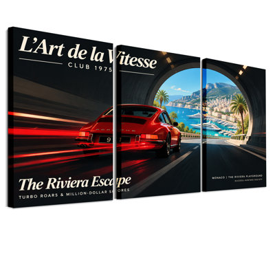 Red Porsche 911 Exiting Tunnel To Monaco Coastline Set Of 3 Canvas Wall Art