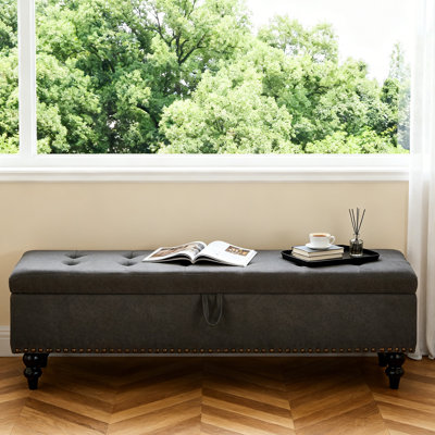 59" Cotton Linen Upholstered Storage Ottoman for End of Bed,Button Tufted Entryway Bench with Hinges and Solid Wood Legs, Nailhead Trim Decoration, for Living Room Bed Room