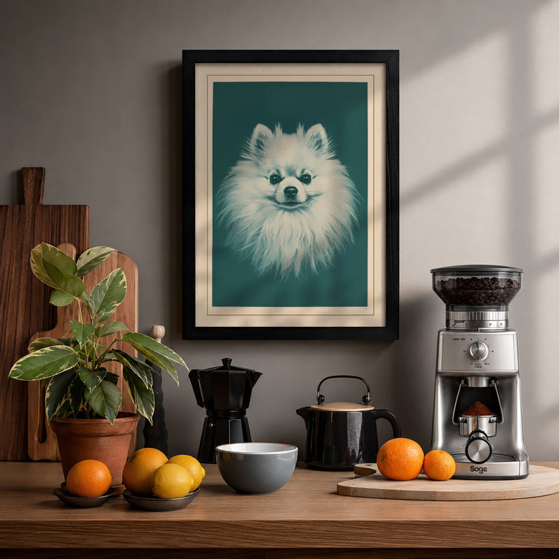 Pomeranian Portrait Minimalist - Framed Print, A2 - 59.4 x 42.0 cm, Black