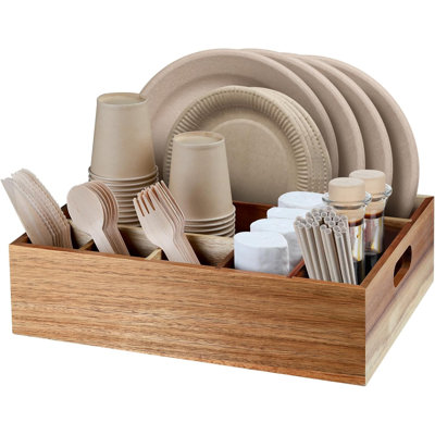 Acacia Wood Utensil Holder For Party, Paper Plate Organizer Silverware Caddy With 6 Compartments For Plate, Cup, Fork, Spoon, Cutlery Holder Countertop For Kitchen Camping Buffet