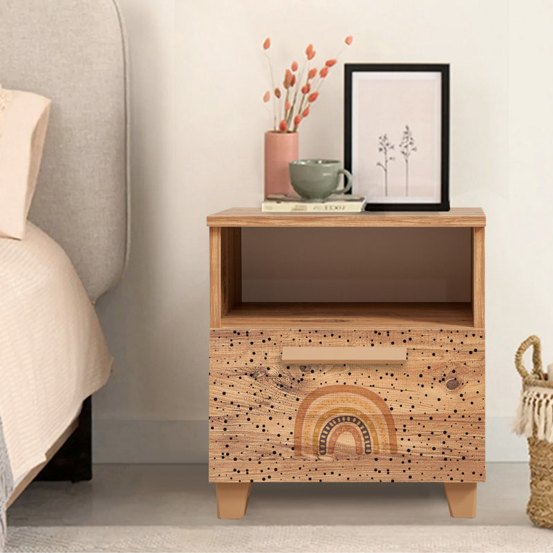 Modern Nightstand with Numerous Shelves, Atlantic Pine Color, 17.7 x 20.5 x 15.7 inches | 100% Melamine Coated Particle Board, PVC Edge Banding, MDF Handles, Wall-Mountable | Perfect for Kids' Rooms & Contemporary Decor