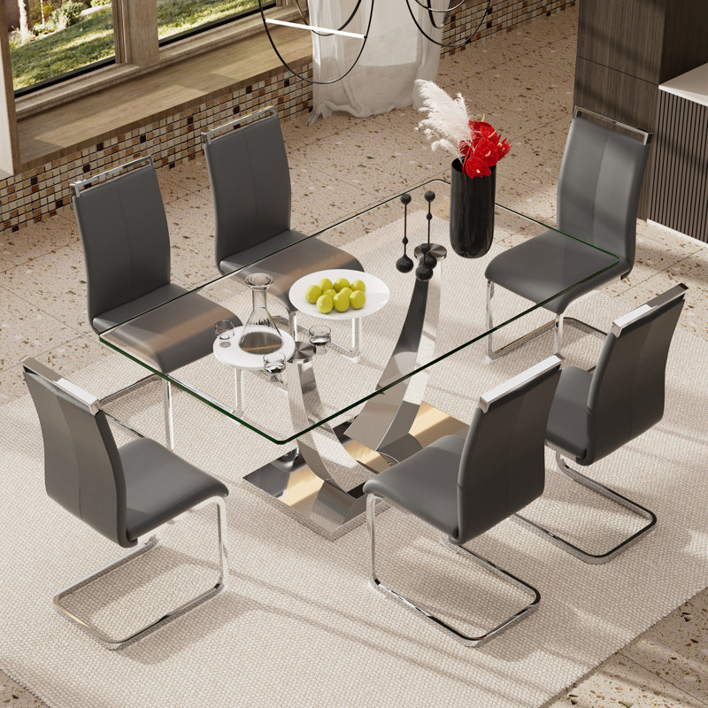 Ensemble de table de salle à manger en verre avec chaises rembourrées en polyuréthane 4/6, base en forme de corne pour la cuisine moderne