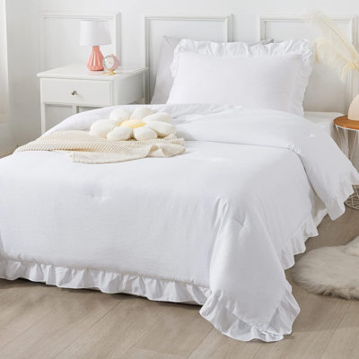 Édredon blanc pour lit simple, 2 pièces d'édredons à volants de style campagnard chic et unie, ensemble de lit moelleux et léger toutes saisons pour enfants, filles, adolescents