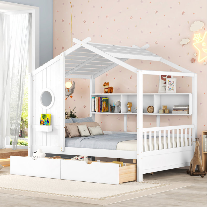 Lit double en bois avec 2 tiroirs, lit pour enfant avec tablette de rangement, blanc, Lit double