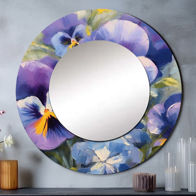 Mauve jaune Natures Pansies II - miroir mural décoratif floral, miroir rond traditionnel, impression d'art en métal