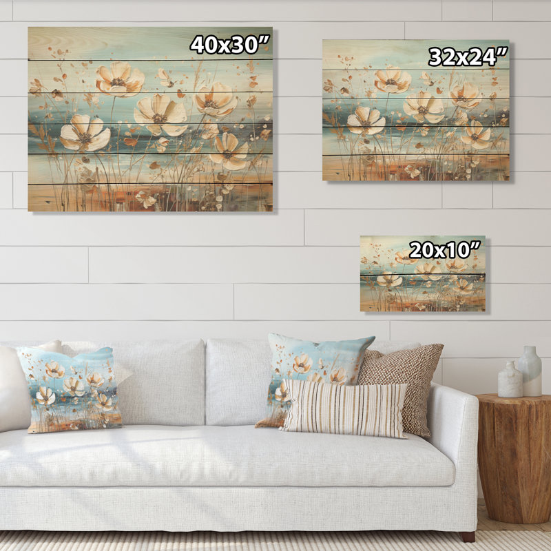 «Beige River Meadow», art liquide sur bois de pin naturel, H 10 po x l 20 po