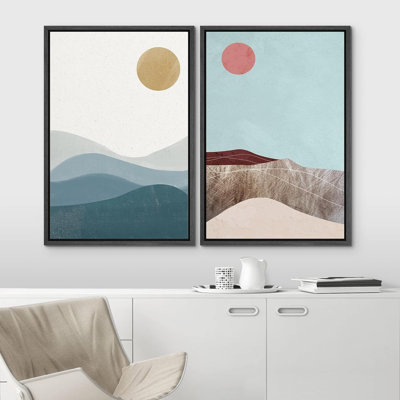 Soleil et lune au-dessus de paysages texturés, paysage géométrique minimaliste moderne Mid-Century