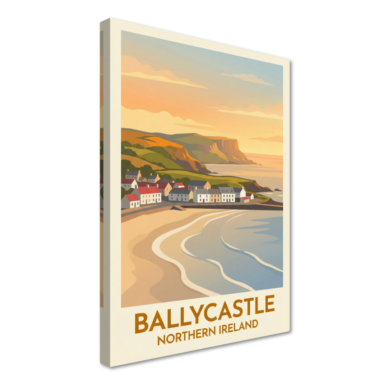Ballycastle, Northern Ireland - Romantic Coastal Travel Poster Of The Causeway Coast. Giclee Print On Wrapped Canvas. Wall Art, Home Decor - Cities & Towns, Northern Ireland - Wrapped Canvas Print