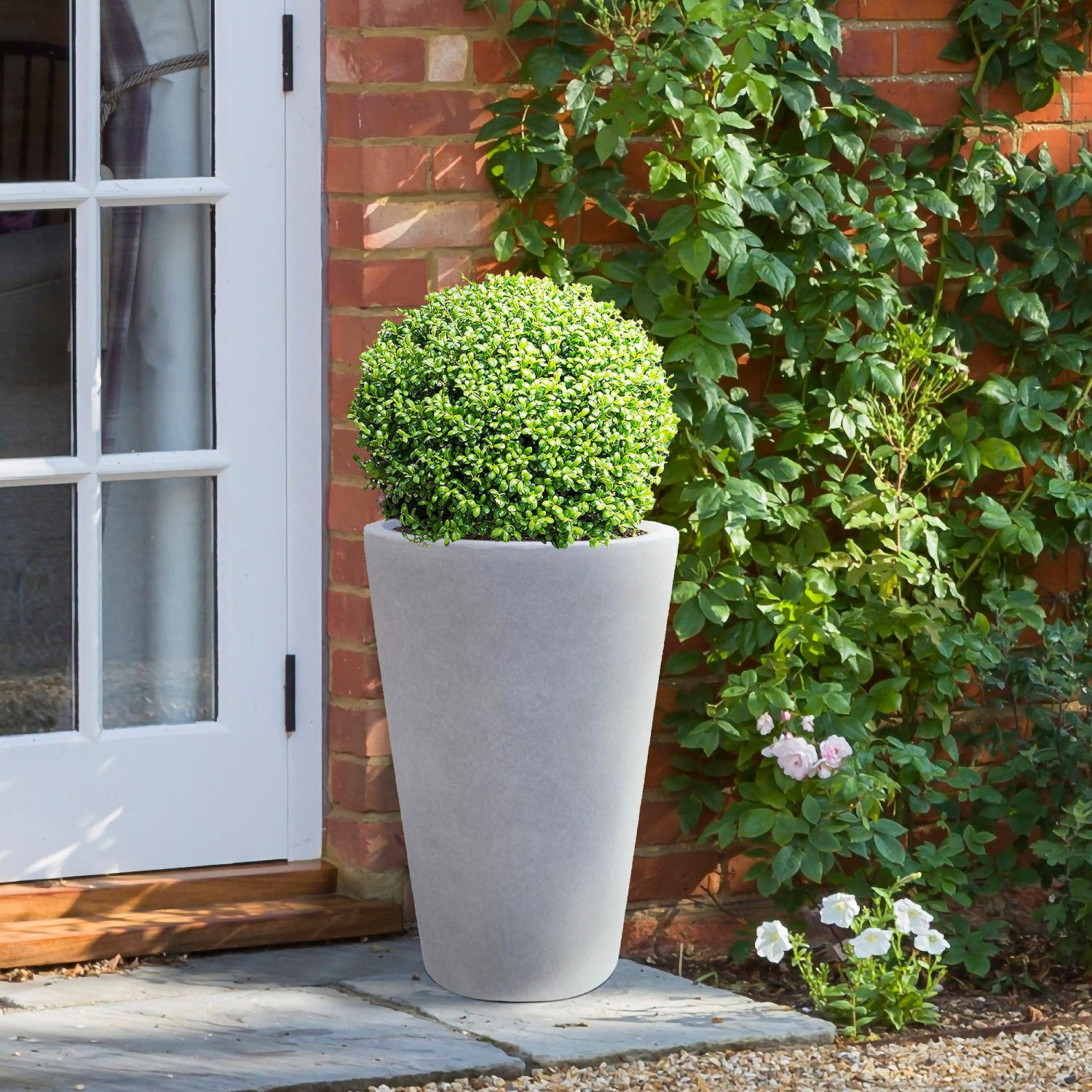 Concrete Effect Tall Planter Frostproof Outdoor Plant Pot Tall Garden Planter with Drainage Holes Tall Round Plant Pot
