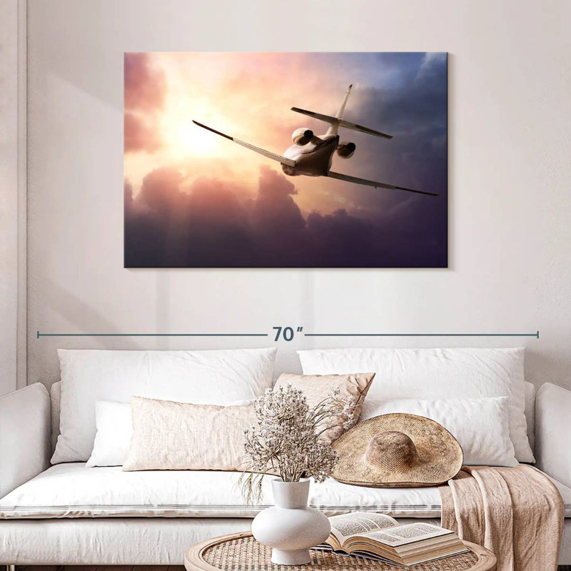 Avion Mehar au coucher du soleil, H 30 po x l 45 po