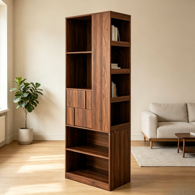 Modern Tall Wooden Bookcase Storage Cabinet, Freestanding Display Bookshelf with Open Cubbies & Closed Cabinet Doors, Multi-Compartment Shelving Unit for Living Room, Home Office & Entryway