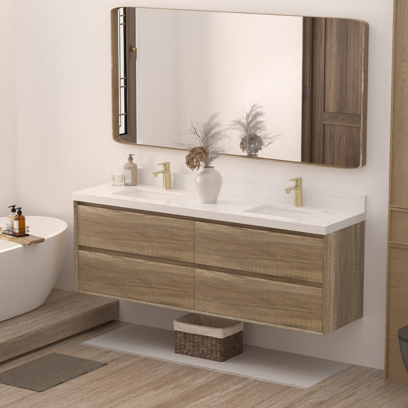 Meuble-lavabo flottant avec lavabo Tiberiu, Chêne antique, 72"