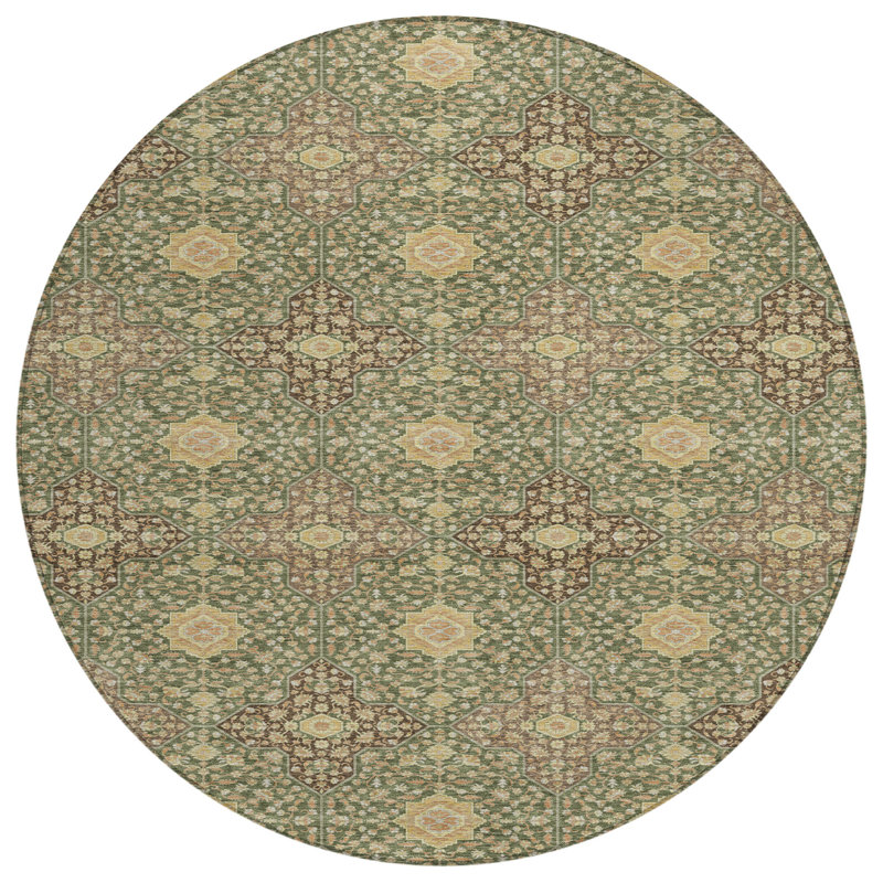 Machine Washable Indoor/Outdoor Chantille ACN2566 Damask Rug, Round 8', Olive