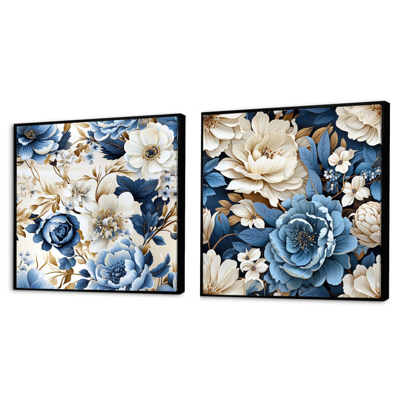 Plemons - Ensemble de 2 collages floraux carrés, Cadre flottant noir, H 16 po x l 33 po