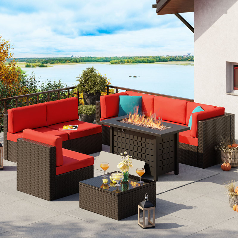 8-Piece Outdoor Rattan Patio Set with Fire Pit Table, Red