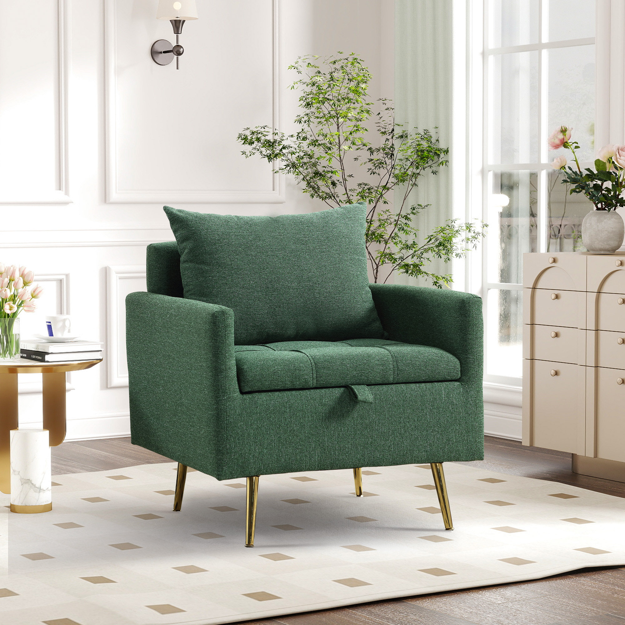 Balen 27.56 Wide Modern Comfort Tufted Upholstered Arm Accent Chair with Under Seat Storage and Metal Leg Mercer41 Fabric Balen Green Linen