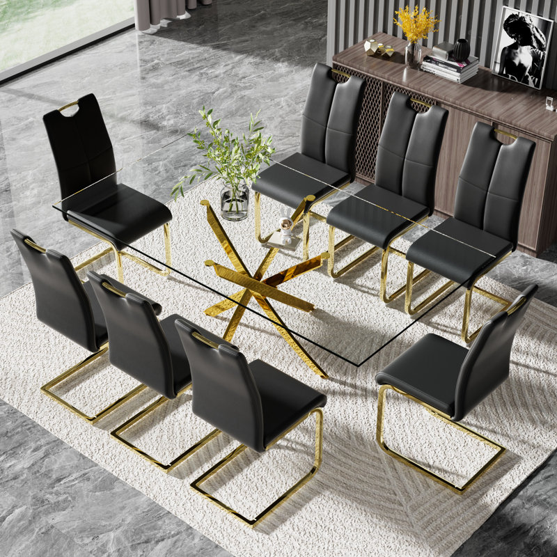 Modern 71in Glass Dining Table Set with Luxury Faux Leather Dining Chairs, Black, 9, Silver