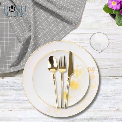 Posh Setting 448 Piece White And Gold Plastic Party Bundle - Orchid (64 Settings)