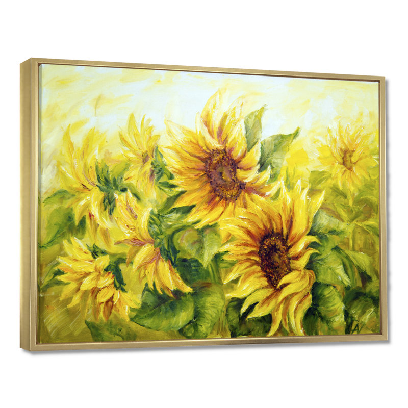 Bright Yellow Sunny Sunflowers - impression d'art graphique, H 24 po x l 32 po, Cadre flottant, Doré