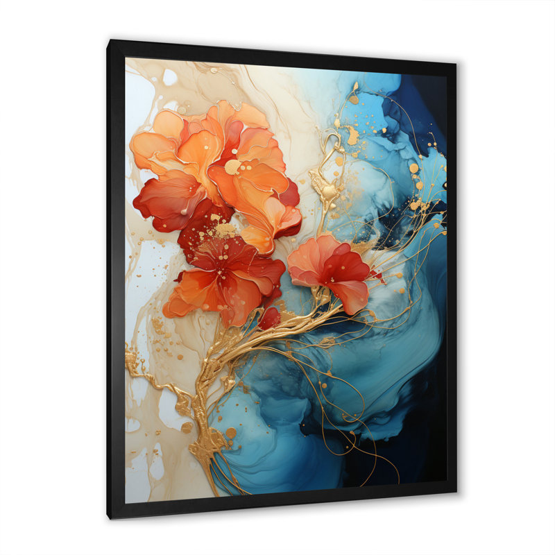 Breelan orange sarcelle abstrait fractal - fractales grand art mural, H 40 po x l 30 po, Impression encadrée, Noir