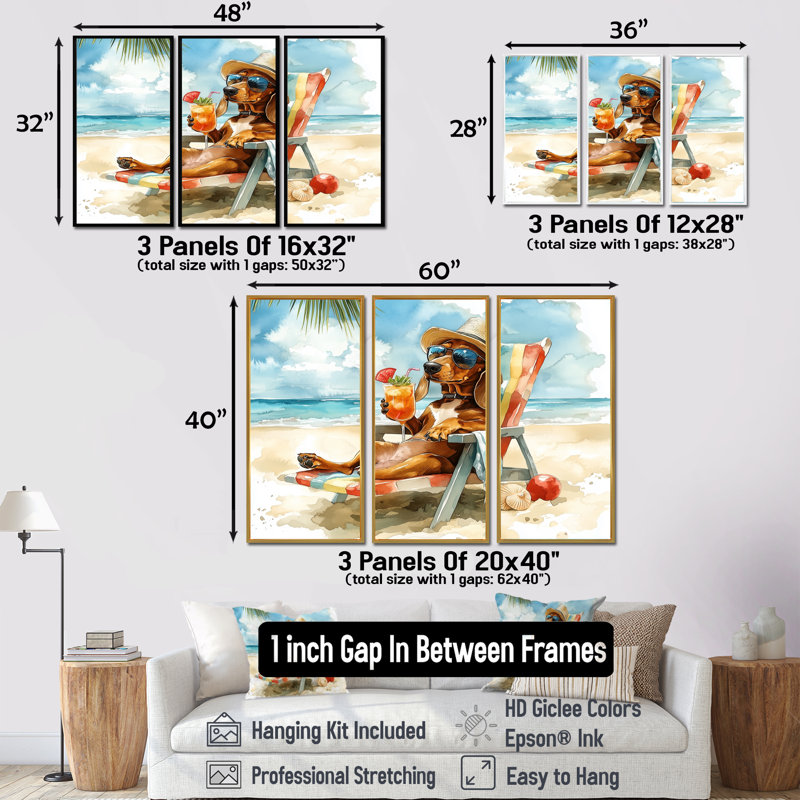 Chien teckel brun sur la plage, "I" - ensemble de reproductions d'art mural animaux côtiers, Toile avec cadre flottant or