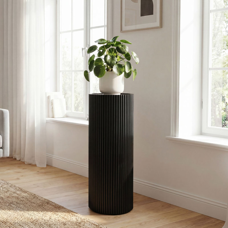 Black Acacia Wood Round Pedestal Plant Stand