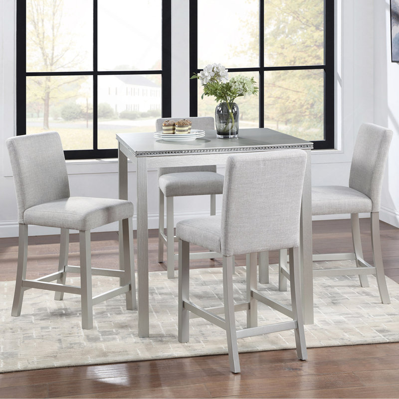5 Piece Counter Height Table Set, Wooden Kitchen Table Set With Square Table And 4 Upholstered Chairs, Counter Height Dining Table With Crystal Decoration And Chair Set