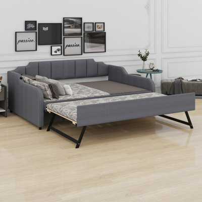 Upholstery Daybed With Trundle And USB Charging Design,Trundle Can Be Flat Or Erected