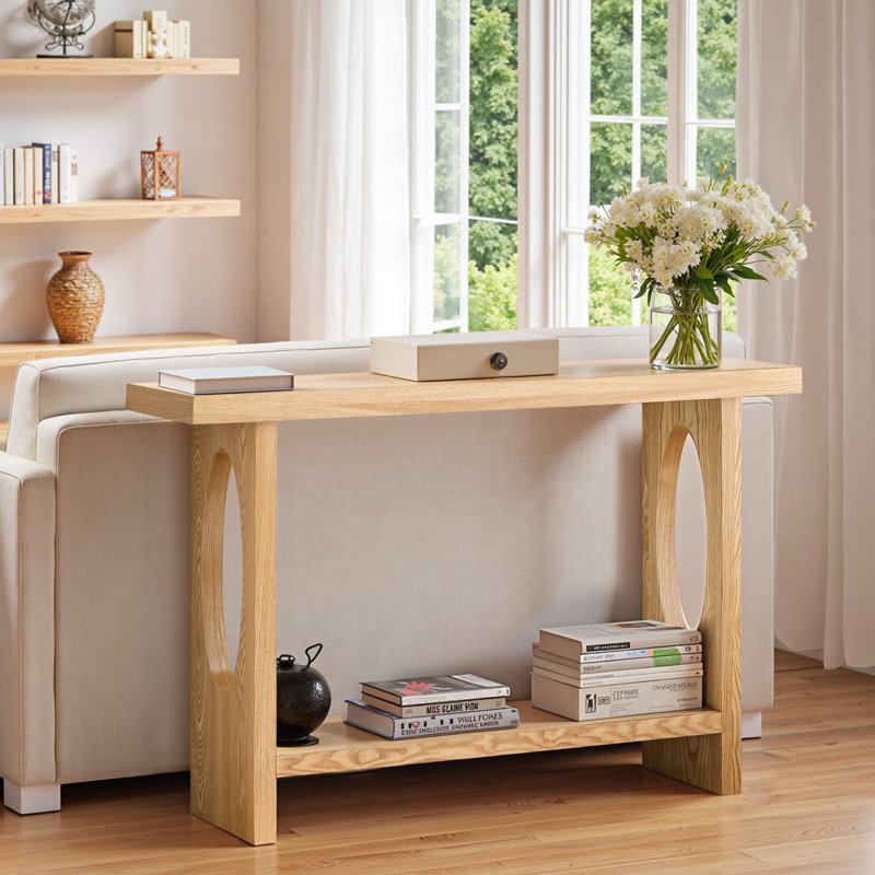 Console rectangulaire en placage de bois massif 47,2 po avec rangement ouvert, Bois de chêne
