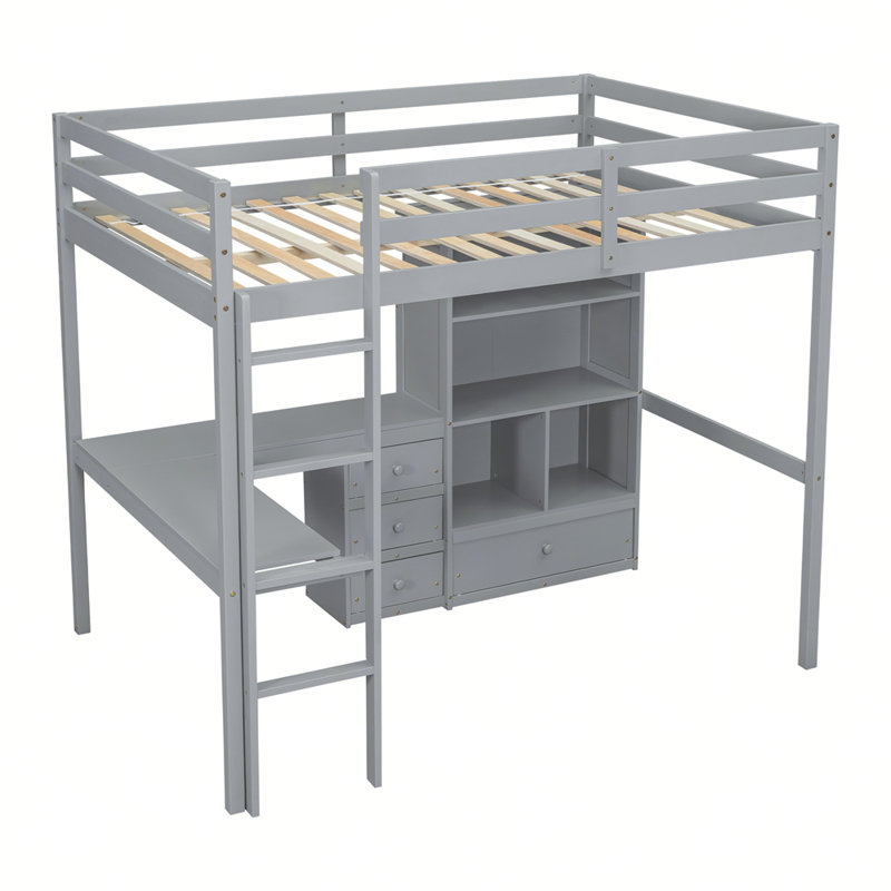 Loft Wood Bed with Desk, Storage shelves and Drawers, Built-in Ladder, High Loft Bed with Desk, Storage Shelves and Drawers,Guardrails